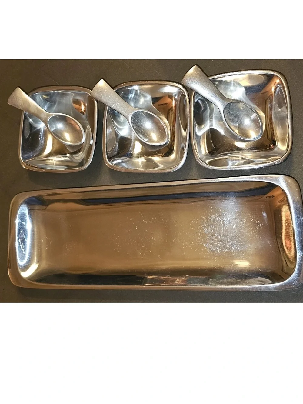 POTTERY BARN Barona Silver 7 Piece Aluminum Silver Condiment Service Set Platter